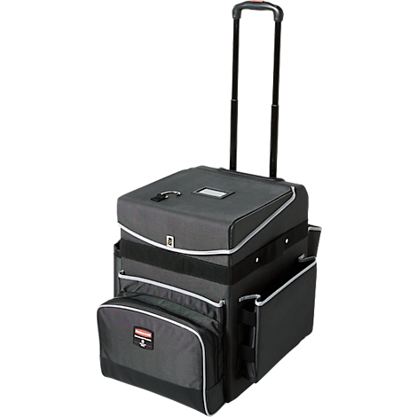 Black rolling suitcase with extendable handle. Multiple compartments, silver trim.