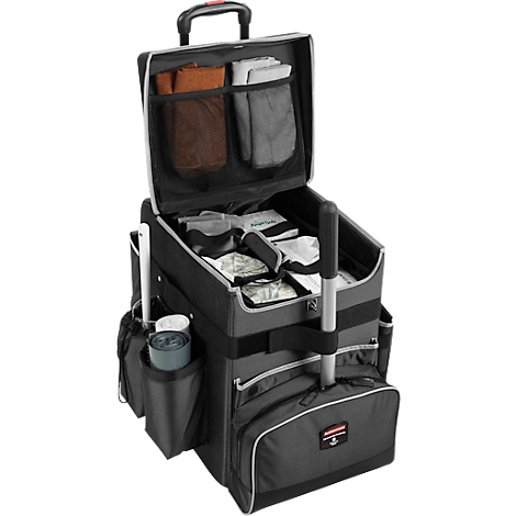 Black rolling tool case, open, with compartments and accessories. The case shows an extendable pole and a handle.