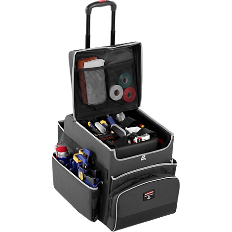 Black tool bag with telescopic handle, filled with tools and accessories.