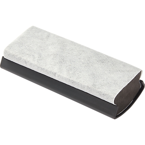 A rectangular whiteboard eraser, consisting mainly of a black plastic housing and a gray-white cleaning pad.