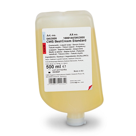 Poche de recharge de 500ml de savon liquide CWS BestCream Standard sur fond blanc.