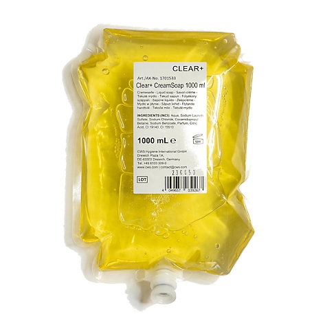 Gelber 1000ml Flüssigseifenbeutel Clear+ CreamSoap mit weissem Etikett auf weissem Hintergrund.