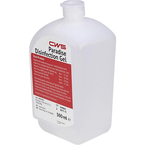Durchsichtige 500ml Kunststoffflasche mit CWS Paradise Disinfection Gel und rotem Informationsetikett.