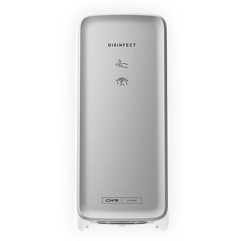 Silberner CWS Desinfektionsmittelspender mit Schriftzug DISINFECT und Symbolen für Handhygiene.