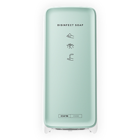 Mintgrüner CWS Seifenspender mit Anleitungssymbolen und Aufschrift DISINFECT SOAP auf weissem Hintergrund.