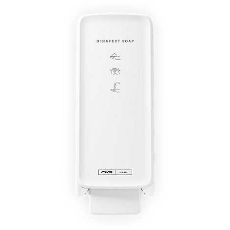 Weisser CWS Seifenspender mit dem Aufdruck DISINFECT SOAP und Piktogrammen zur Anwendung vor neutralem Hintergrund.