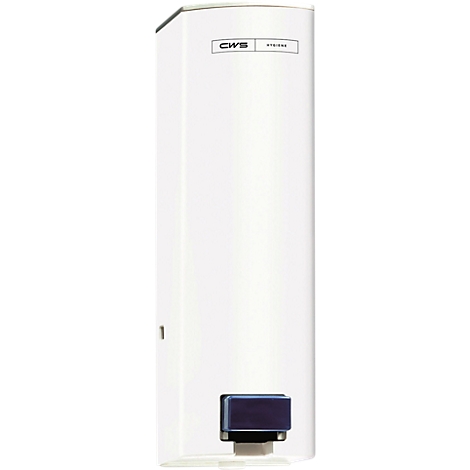 Distributeur de savon CWS blanc avec bouton-poussoir bleu sur fond neutre.
