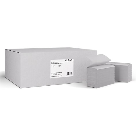 Grauer Karton mit gefalteten Papierhandtüchern der Marke CLEAR+ und einem weissen Produktetikett.