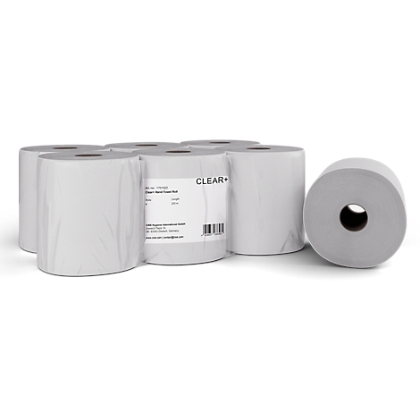 Mehrere weisse Rollen Handtuchpapier in Klarsichtfolie verpackt, mit Label der Marke CLEAR+.
