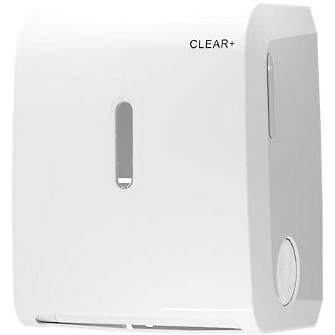 Weisser Wandspender für Papierhandtücher mit CLEAR+ Logo und Sichtfenster.