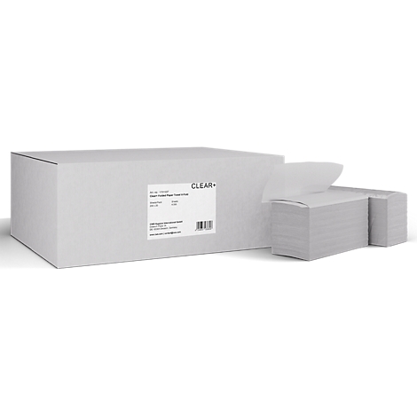 Un carton blanc de serviettes en papier pliées avec une serviette qui dépasse, sur fond blanc.