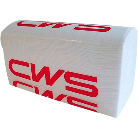 Pile de serviettes en papier blanches avec logo CWS rouge sur fond blanc.