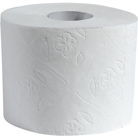 Rouleau de papier toilette blanc avec un motif floral gaufré sur fond blanc.