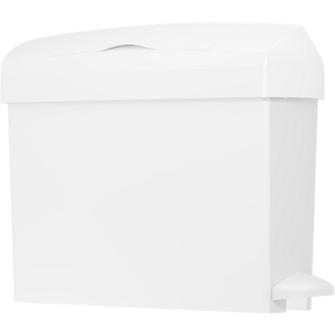 Une poubelle à pédale rectangulaire blanche sur fond blanc.