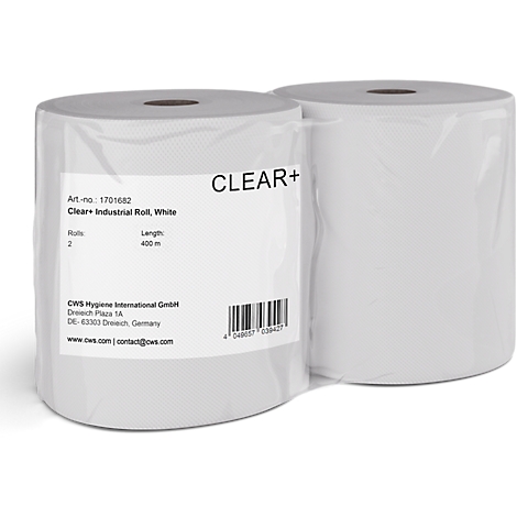 Deux rouleaux de papier industriel blancs, emballés sous film plastique, avec étiquette CLEAR+.