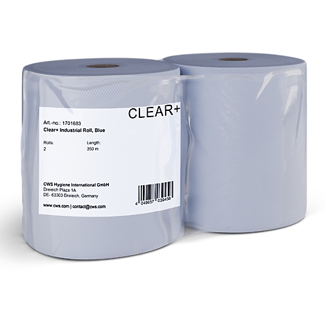 Deux rouleaux de papier industriel bleu, emballés dans un film transparent, avec une étiquette produit.