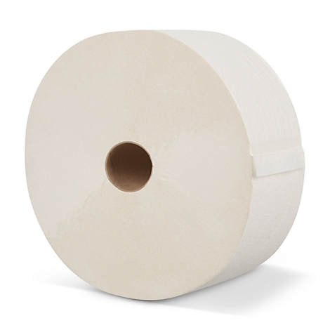 Un grand rouleau de papier toilette de couleur crème sur fond blanc.