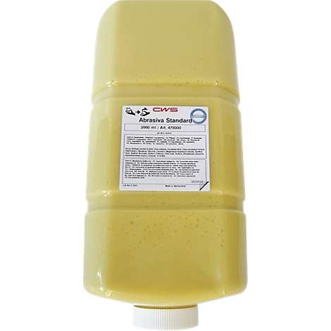 Flacon de recharge jaune Abrasiva Standard 2000 ml de CWS sur fond blanc.
