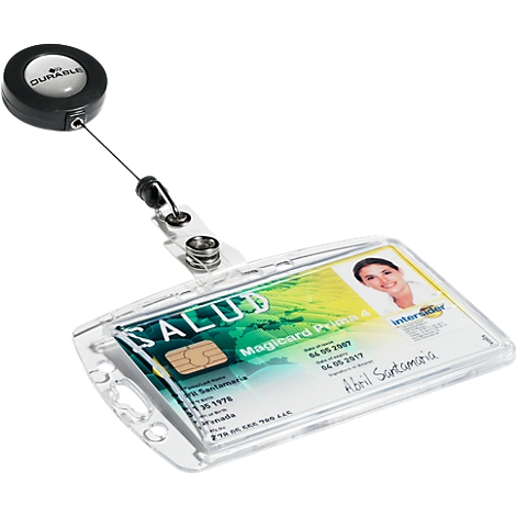 ID card with card holder and roll-up mechanism.