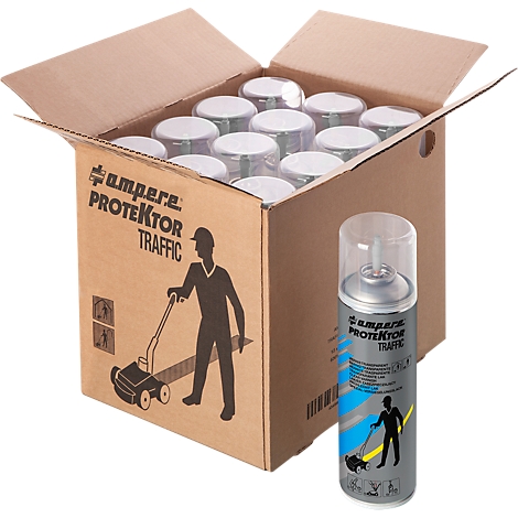Cardboard box with Ampere Protektor Traffic spray cans. One can stands in front. A person with a lawnmower is depicted on the box.