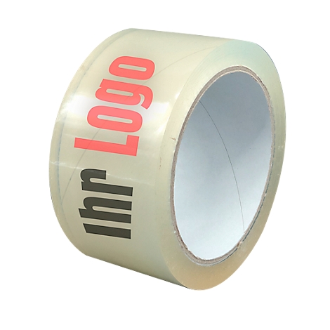 Transparent adhesive tape with "Ihr Logo" printed in red and black.