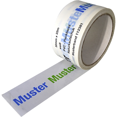 Roll of white packing tape with print. Lettering: Muster, natural rubber, PVC, packing tape.