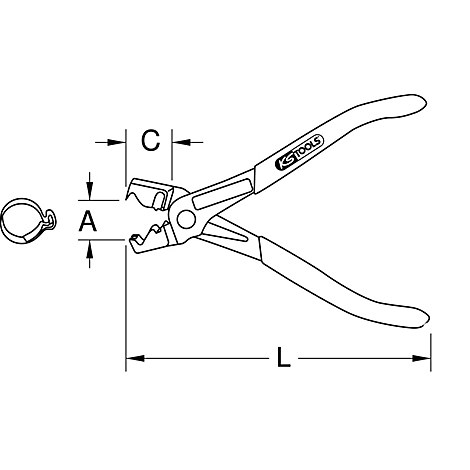 Grafische Darstellung einer Zangenform. Die Zange hat die Aufschrift 'KS TOOLS' und ist mit den Buchstaben 'A', 'C' und 'L' versehen, die Maße markieren.
