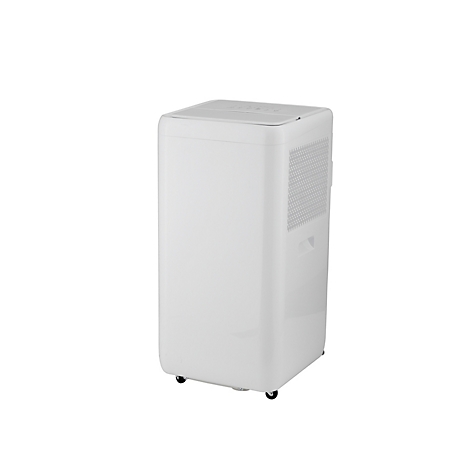 Tour de climatisation blanche et rectangulaire avec roues et fentes d'aération.