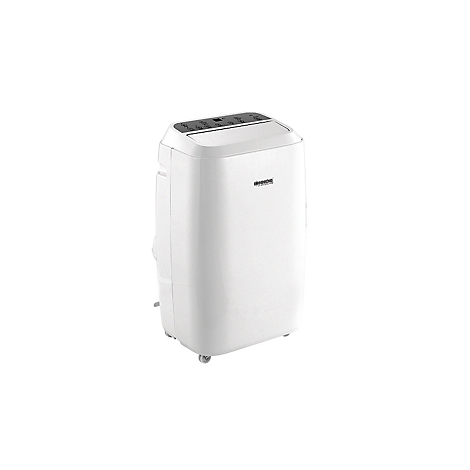 Un climatiseur portable blanc sur fond blanc. Panneau de commande avec boutons en haut, roulettes en bas.