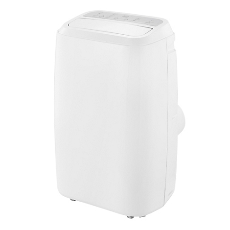 Gros plan sur un climatiseur portable blanc. Les commandes sont situées en haut. Une sortie d'échappement est visible sur le côté.