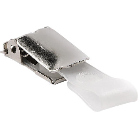 A silver metal clip with a white plastic part that clicks into a clasp.