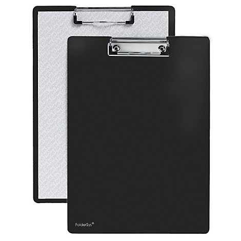 Two clipboards, one black, one white with a pattern, placed on top of each other. Metal clips hold the paper in place.