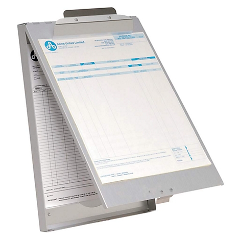 Grey clipboard with an open folder showing white paper displaying invoices.
