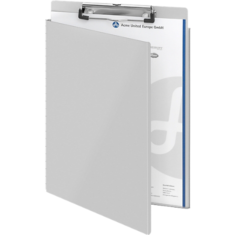 Grey clipboard with paper. A metal clip at the top, paper is protected by a cover.