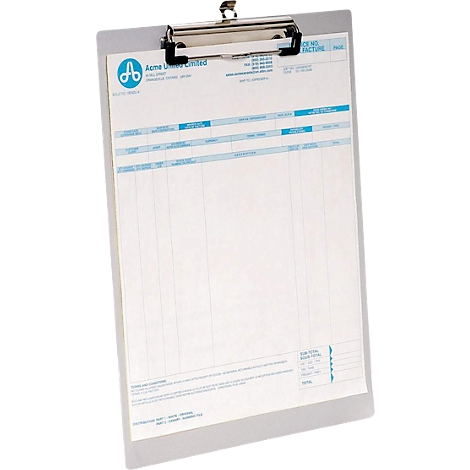 Grey clipboard with paper, logo, and lines. Silver top clip. Text is in English.