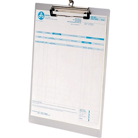 Clipboard with paper and pen clip. The Acme invoice is visible on the paper.