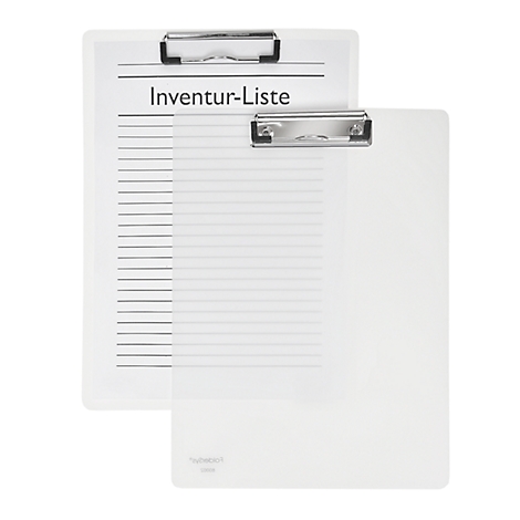 Two white clipboards, one printed with inventory list, next to an empty clipboard.