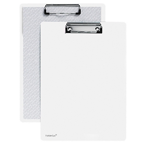 Two white clipboards with metal clips. One is printed with a pattern, the other is blank.