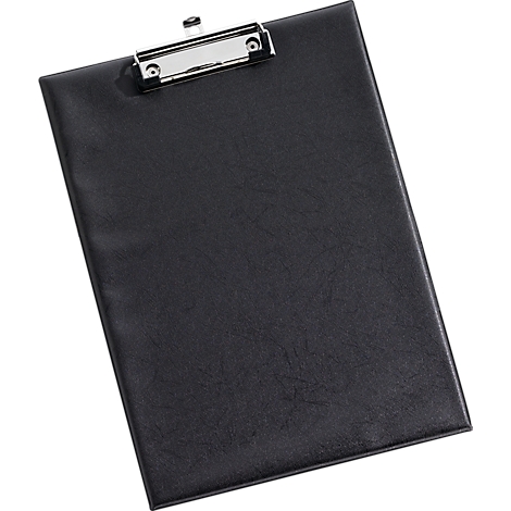 Black clipboard with silver clip. The leather is slightly textured.