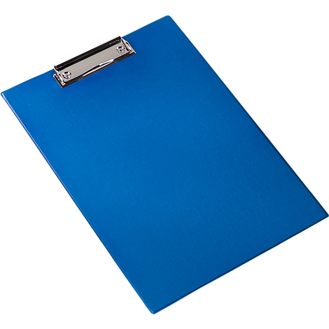 Blue clipboard, silver clip, diagonal perspective, white background.