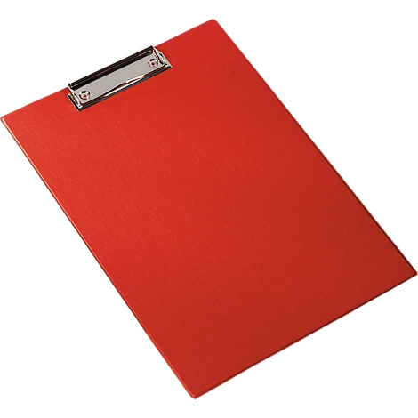 Red clipboard with silver clip, photographed slightly from above.