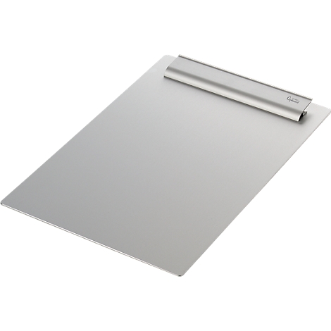 Gray clipboard with silver clip and smooth surface, photographed diagonally from above.