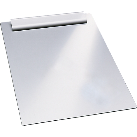 A silver clipboard on a white background. At the top is a silver clip.