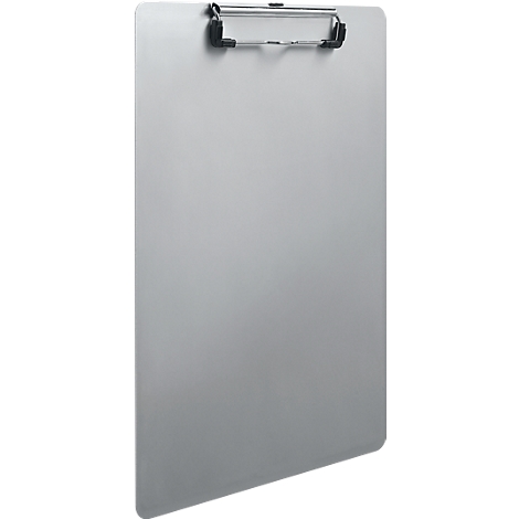 Gray clipboard. Metal clip at the top, rectangular plate.