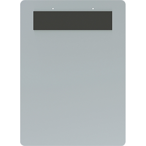 Gray clipboard with dark strip on top. Two small holes above.