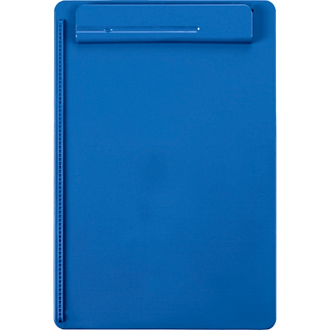 Blue clipboard with metal clip. On the left, a vertical row of holes for filing papers.