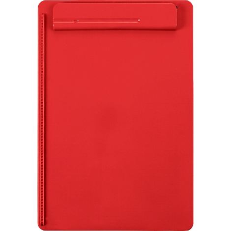 Red clipboard, detail shot with clip and paper holder.