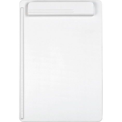 White clipboard with a holder at the top and a scale on the side.