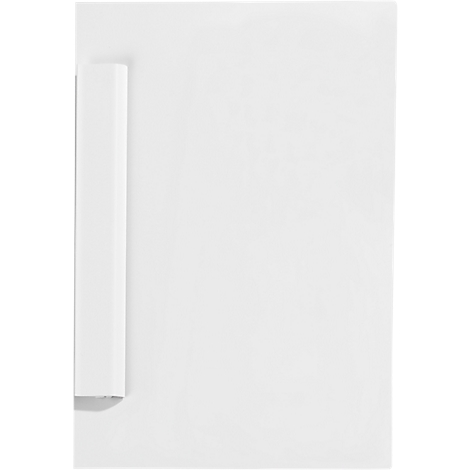 A close-up of a white cabinet with a vertical, rectangular handle on the left side.