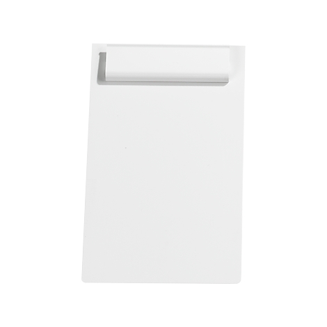 White clipboard with silver clip.
